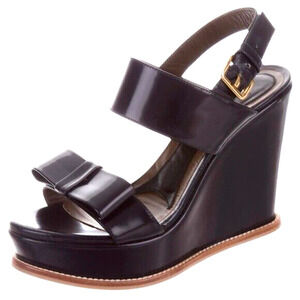 MARNI Sandal Wedge Open Toe Platform Ankle Strap Bow Black Leather 8